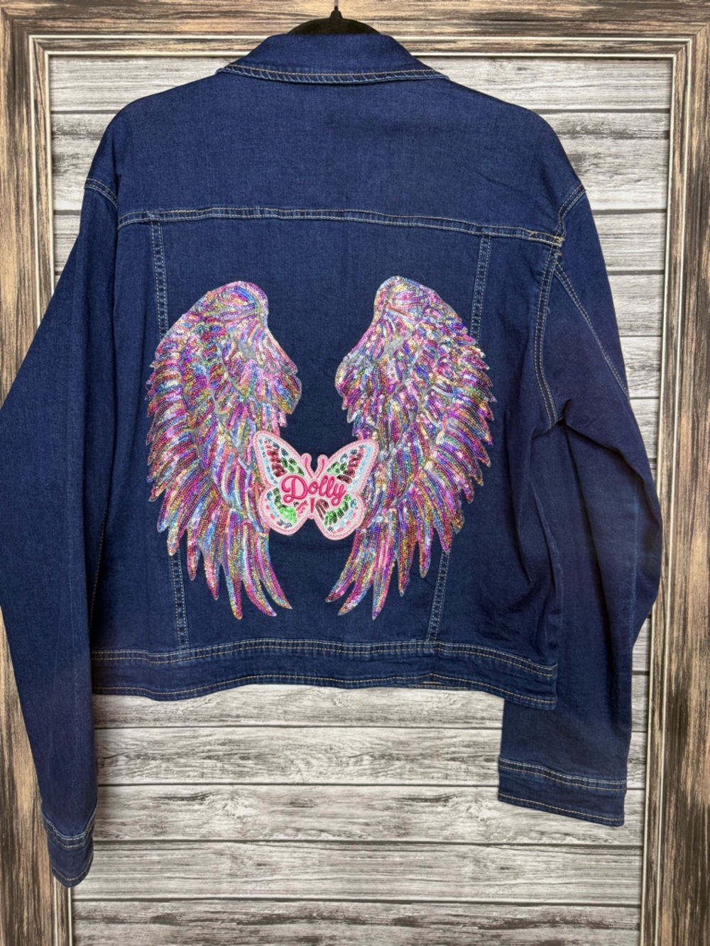 UpCycled Handmade Dolly Parton Denim Jacket with Pink Sequin Multicolor Wings - Picture 3 of 3